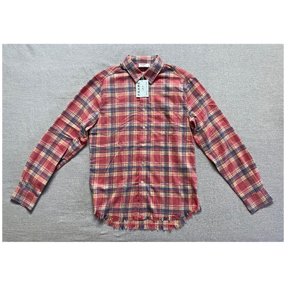 Frame Denim Men's plaid checked frayed hem Long Sleeve Shirt, size Medium